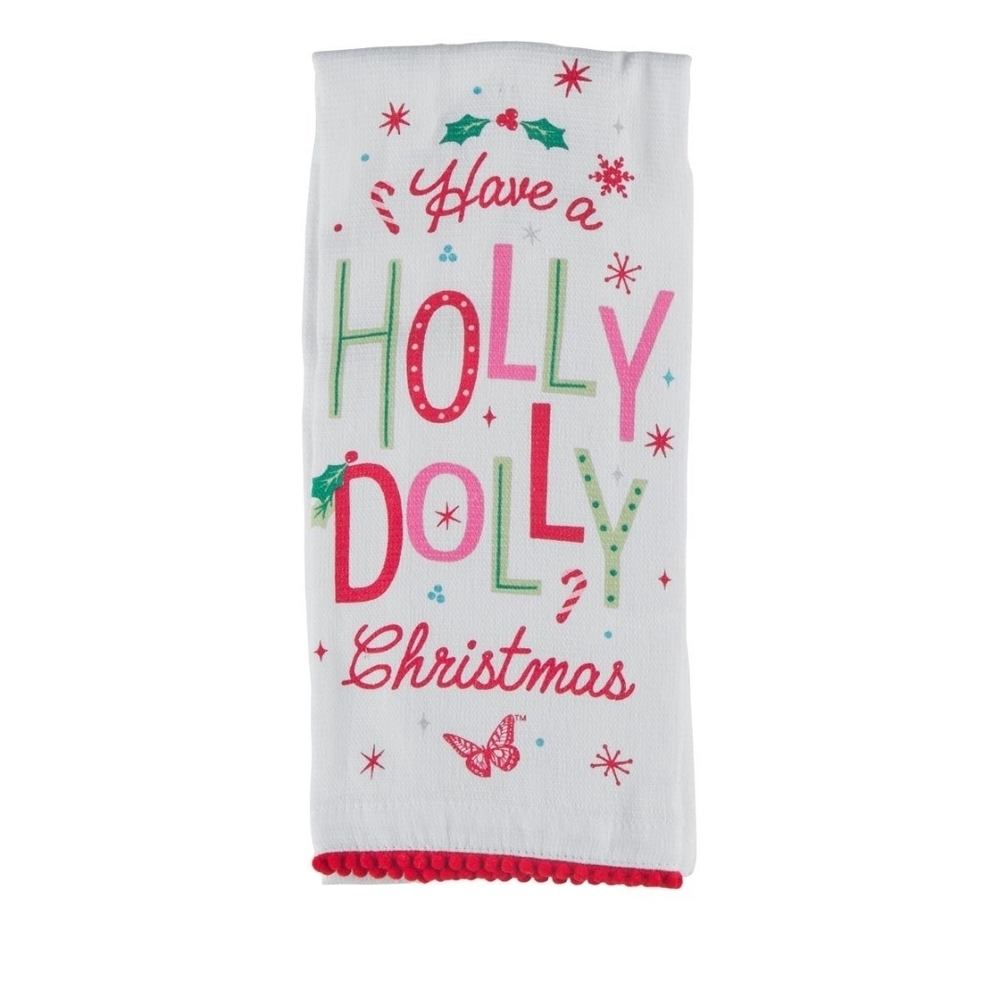 Festive Holiday Kitchen Towel - White with Red and Green Accents